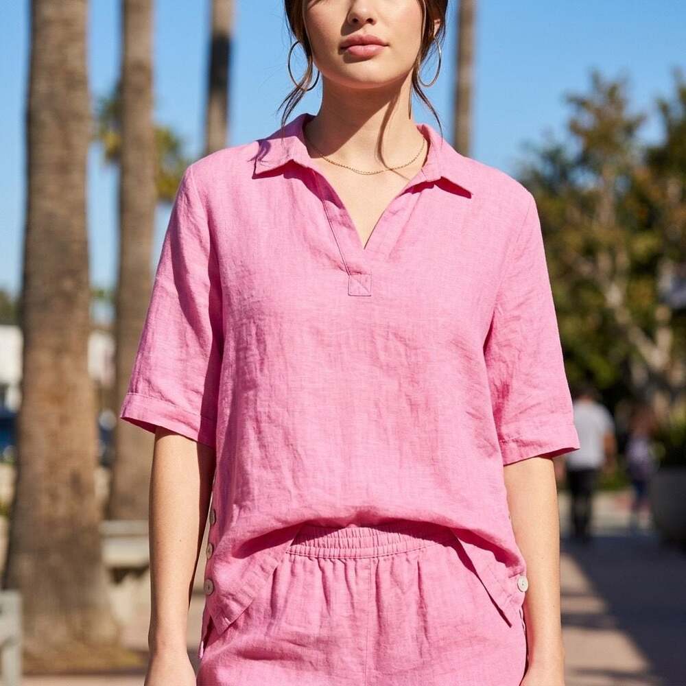 Tahari Pink 100% Linen V-Neck Popover Button-Side Short Sleeve Blouse #820